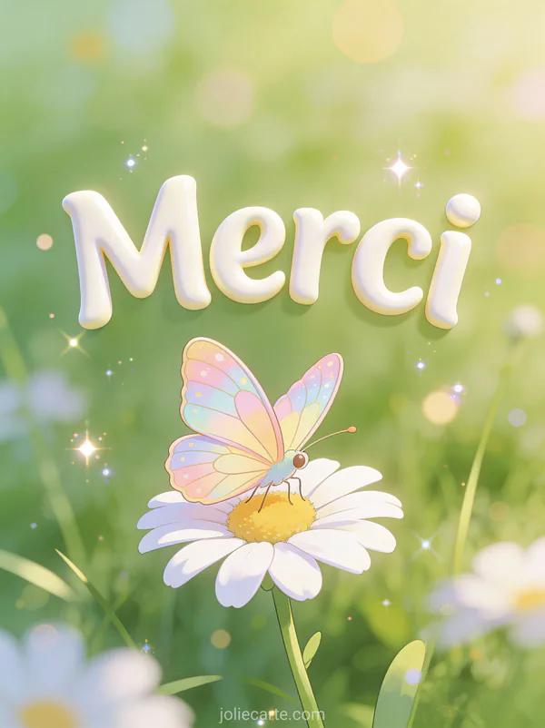 Carte remerciement décès personnalisable avec papillon sur marguerite blanche texte Merci