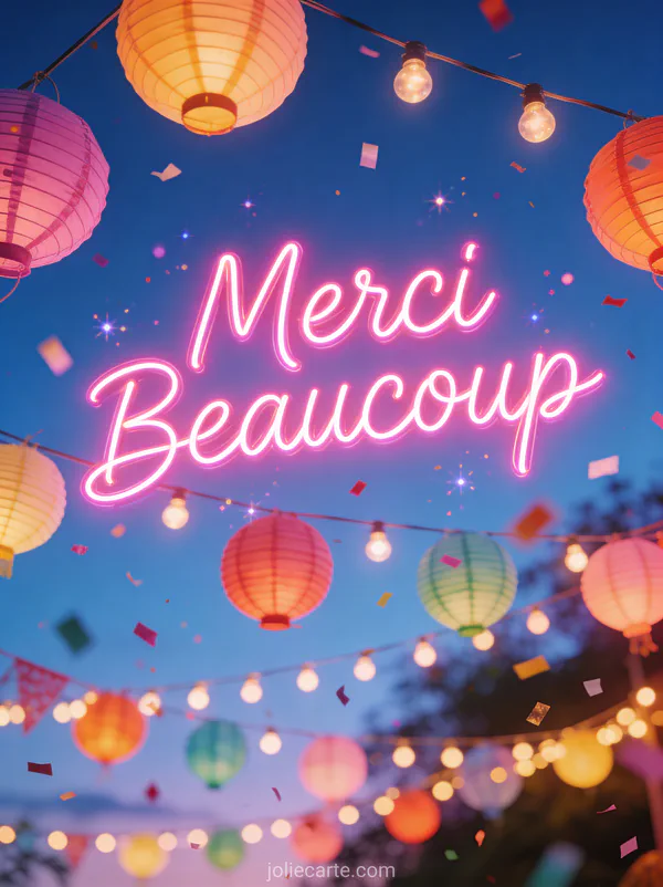 Guirlandes lumineuses colorées et lanternes en papier sous ciel crépusculaire avec confettis texte Merci Beaucoup néon rose