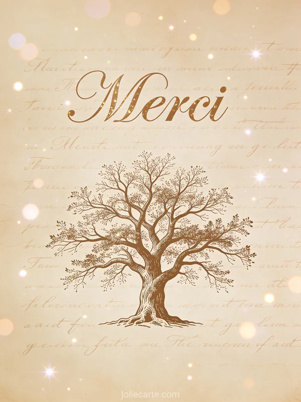 Carte pour remerciement deces avec arbre de vie sur fond parchemin texte Merci