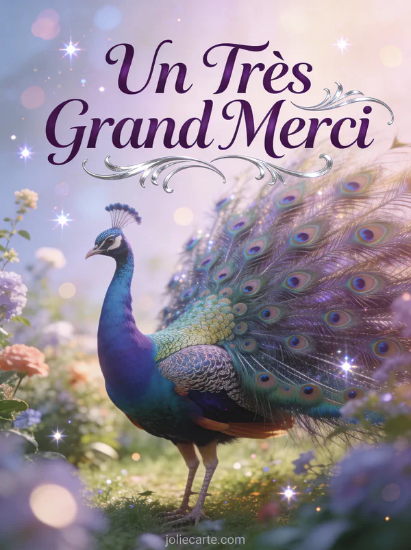 Paon déployant ses plumes irisées dans un jardin magique texte Un Très Grand Merci violet avec arabesques argentées