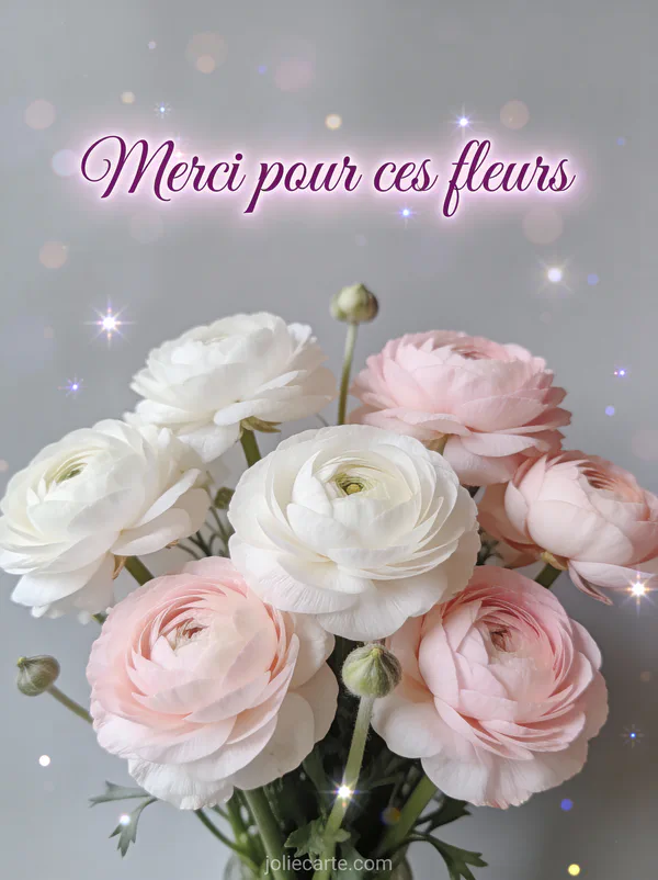 Petit mot remerciement fleurs décès avec renoncules roses et blanches texte Merci pour ces fleurs