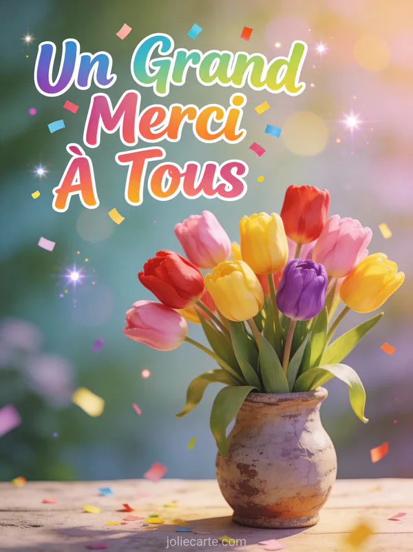 Bouquet de tulipes rouges jaunes roses et violettes dans vase rustique texte Un Grand Merci À Tous multicolore