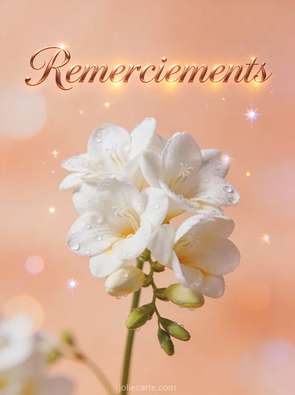 Remerciements condoléances texte avec freesias blancs rosée matinale texte Remerciements