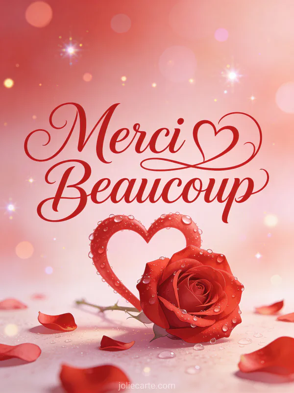 Rose rouge en forme de cœur avec gouttes de rosée et pétales éparpillés texte Merci Beaucoup rouge romantique