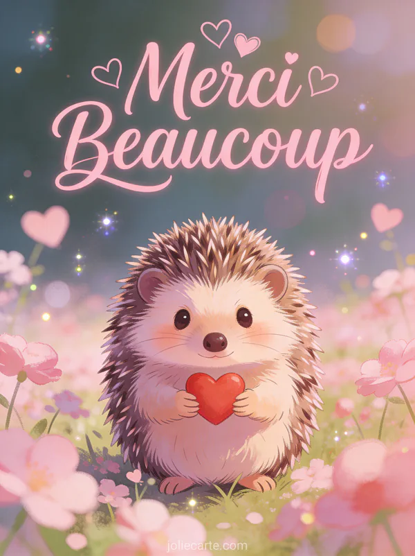 Hérisson adorable tenant un petit cœur rouge dans une prairie de fleurs roses texte Merci Beaucoup rose tendre