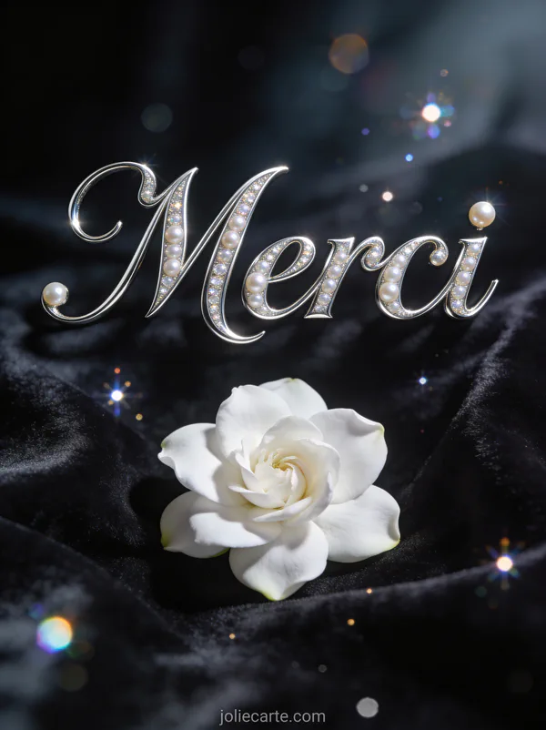 Carte de remerciement décès vierge avec gardénia blanc sur fond velours sombre texte Merci