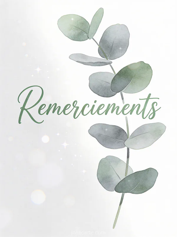 Carte remerciements condoléances avec branche eucalyptus style botanique texte Remerciements