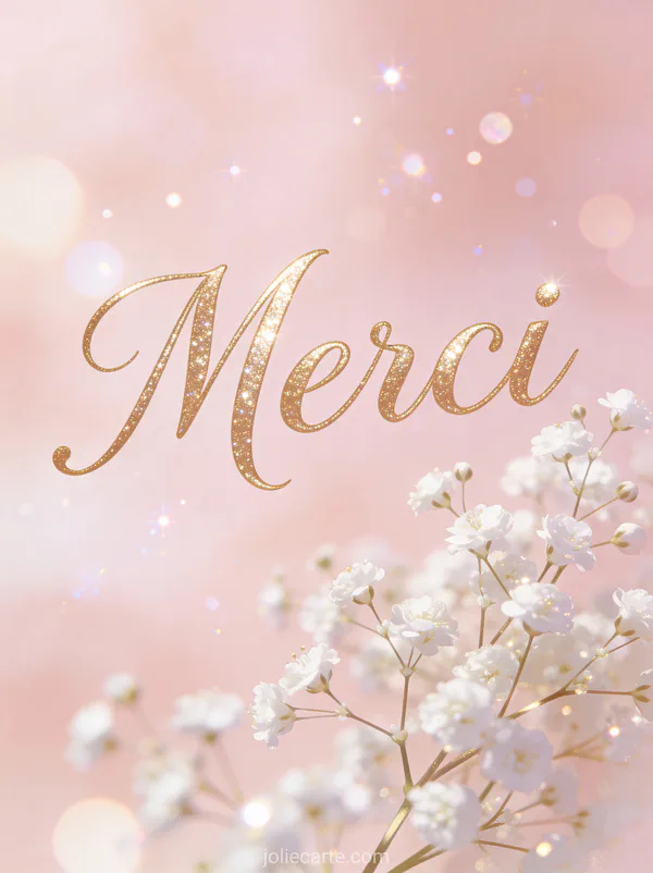 Carte de remerciements condoléances avec gypsophile blanc fond rose pâle texte Merci