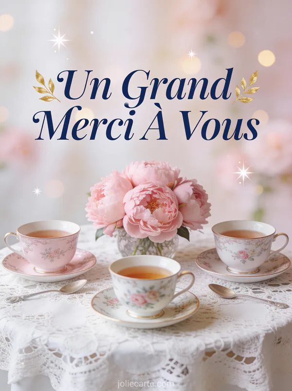 Service à thé en porcelaine fine avec arrangement de pivoines roses texte Un Grand Merci À Vous bleu marine doré