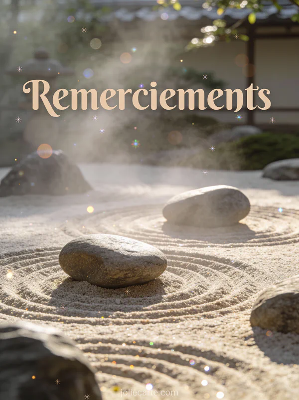 Message remerciements condoléances avec jardin zen pierres et sable texte Remerciements