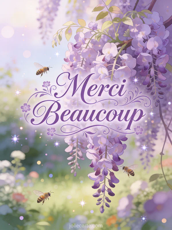 Grappes de glycine mauve en cascade avec abeilles butinant texte Merci Beaucoup lavande fleuri