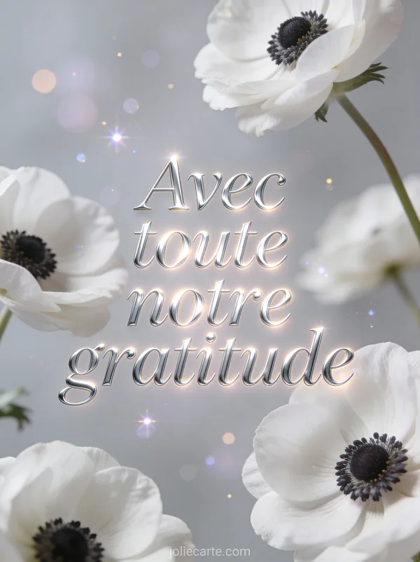 Texte carte de remerciement décès avec anémones blanches texte Avec toute notre gratitude