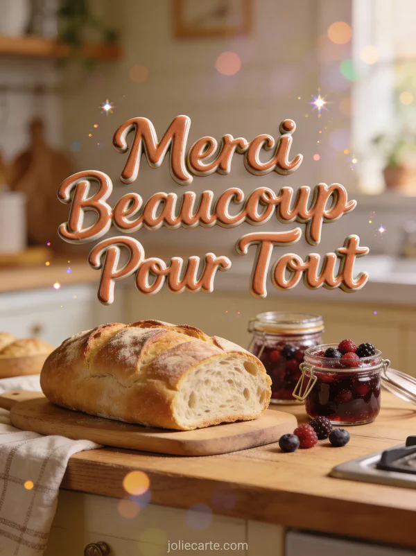 Pain frais avec pots de confiture aux fruits rouges dans cuisine chaleureuse texte Merci Beaucoup Pour Tout terracotta