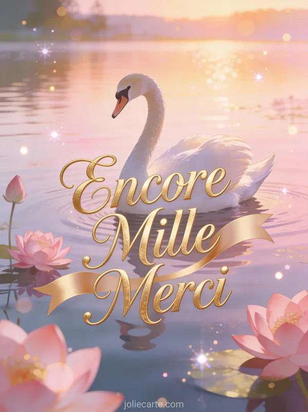 Cygne gracieux sur lac serein à l'aube avec lotus roses texte Encore Mille Merci doré élégant