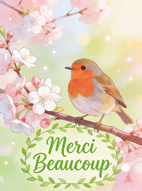 Rouge-gorge perché sur branche de cerisier en fleurs rose texte Merci Beaucoup vert printanier