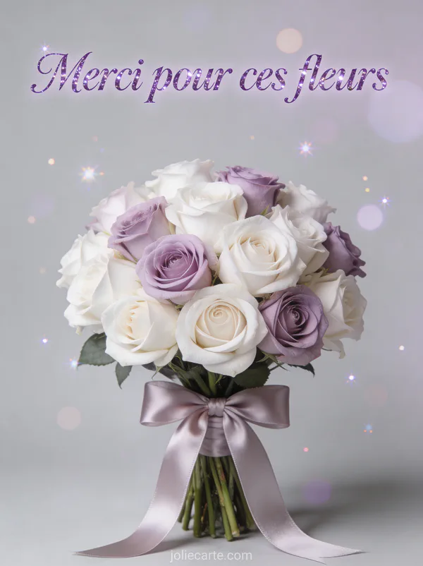 Remerciement fleurs deces avec bouquet roses blanches et lavande ruban satin texte Merci pour ces fleurs