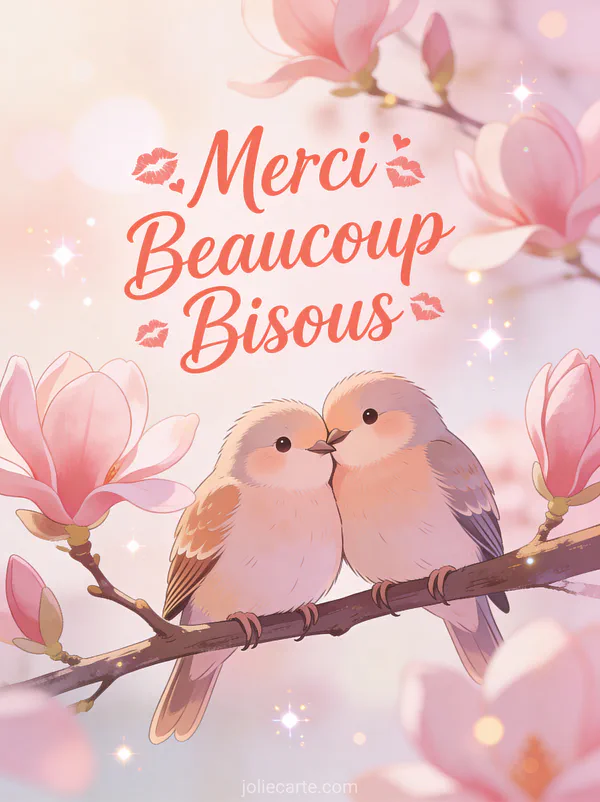 Deux inséparables blottis sur branche avec magnolias roses texte Merci Beaucoup Bisous corail avec marques de bisou