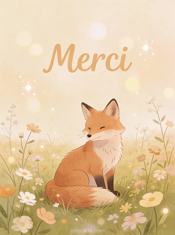 Remerciement condoléances texte illustré avec renard parmi fleurs sauvages texte Merci