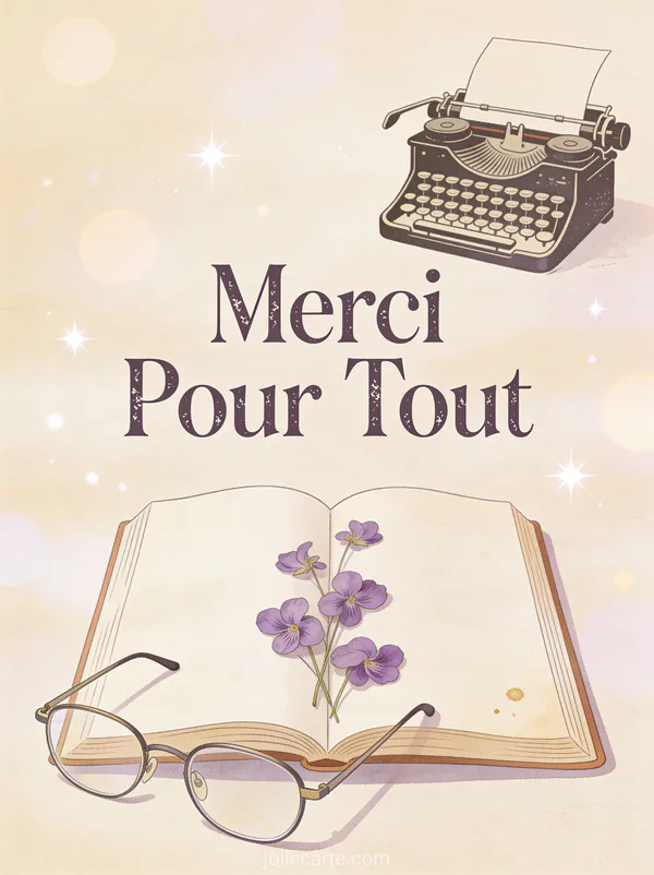 Livre ouvert vintage avec violettes pressées et lunettes de lecture texte Merci Pour Tout style machine à écrire