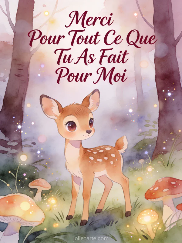 Biche aux grands yeux dans clairière magique avec champignons lumineux texte Merci Pour Tout Ce Que Tu As Fait Pour Moi bordeaux