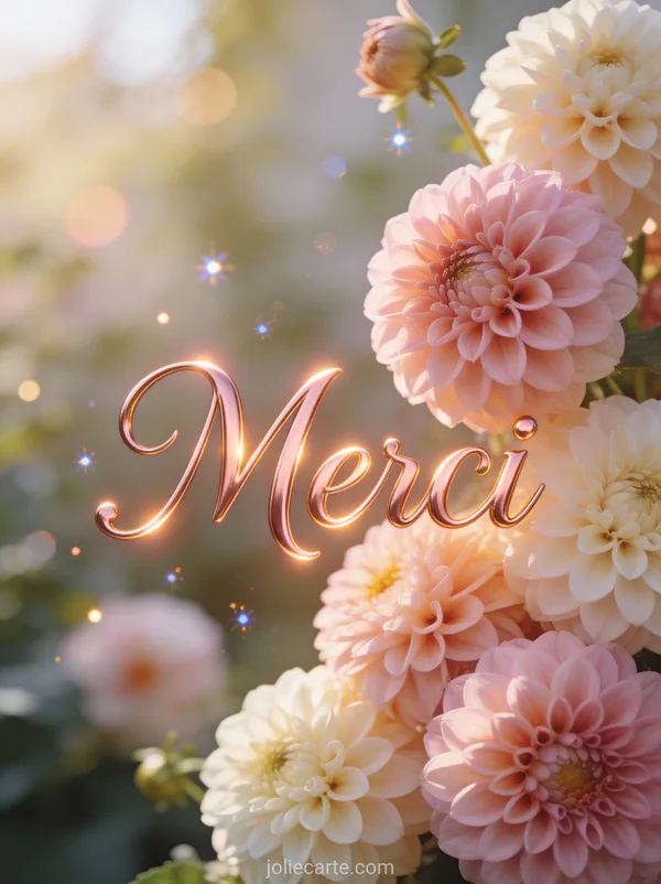 Carte de remerciement décès avec photo dahlias roses et crème texte Merci