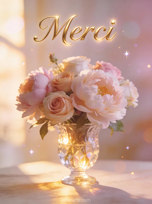 Bouquet de pivoines et roses pastel dans un vase en cristal avec le texte Merci en lettres dorées
