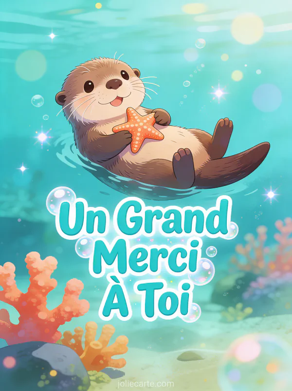 Loutre mignonne flottant sur le dos tenant une étoile de mer avec coraux texte Un Grand Merci À Toi turquoise cartoon