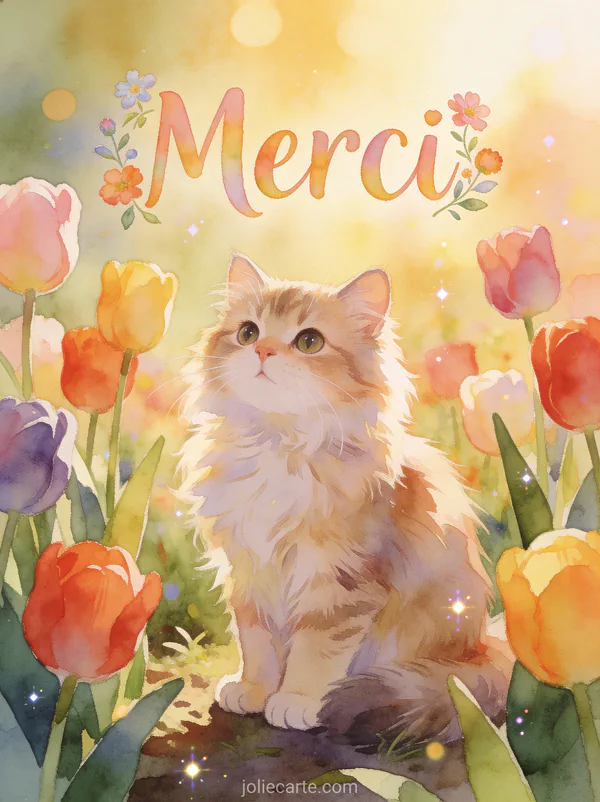 Chat roux assis parmi des tulipes colorées dans un jardin ensoleillé avec le texte Merci
