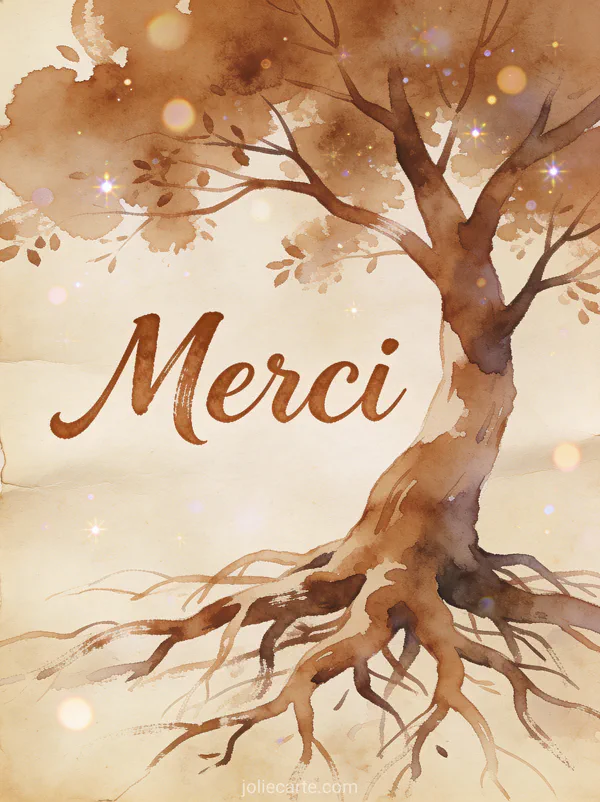 Carte remerciement deces arbre de vie avec racines et branches fond parchemin texte Merci