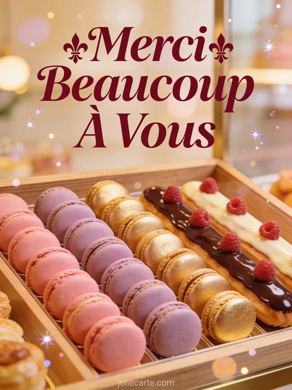 Présentation de pâtisseries françaises macarons et éclairs texte Merci Beaucoup À Vous bordeaux élégant