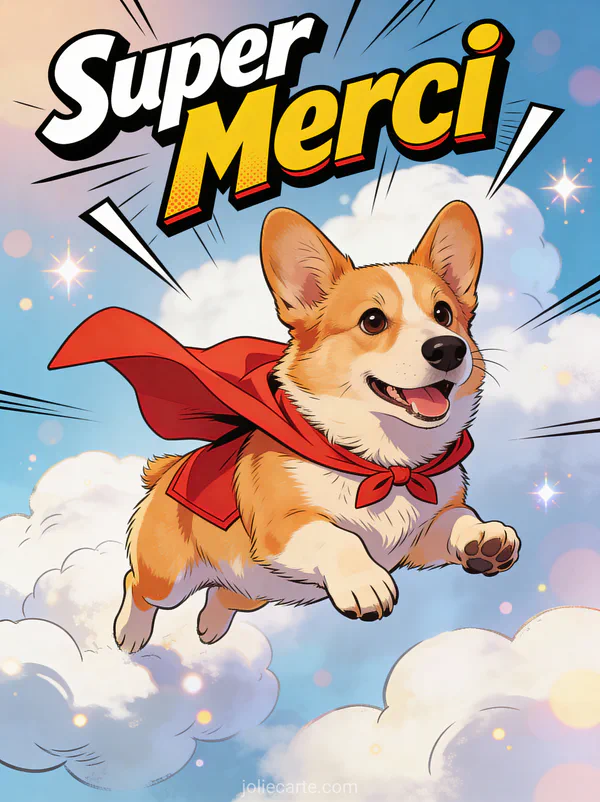 Corgi mignon en cape de super-héros volant dans les nuages texte Super Merci style bande dessinée