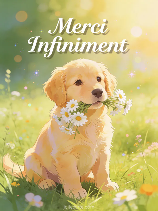 Chiot golden retriever tenant un bouquet de marguerites dans une prairie ensoleillée avec le texte Merci Infiniment