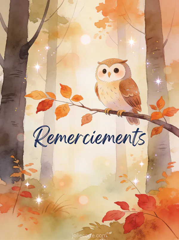 Carte de remerciement de condoléances illustrée avec hibou sur branche feuilles automne texte Remerciements