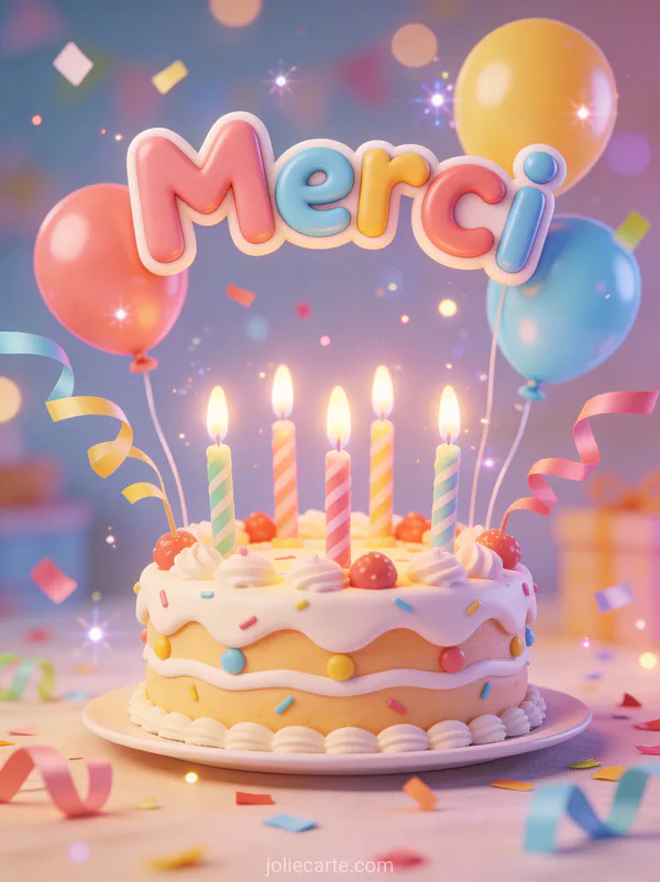 Gâteau d'anniversaire cartoon avec bougies entouré de ballons et confettis colorés avec le texte Merci