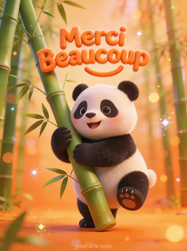 Panda cartoon mignon câlinant un bambou avec expression joyeuse forêt de bambous texte Merci Beaucoup orange 3D
