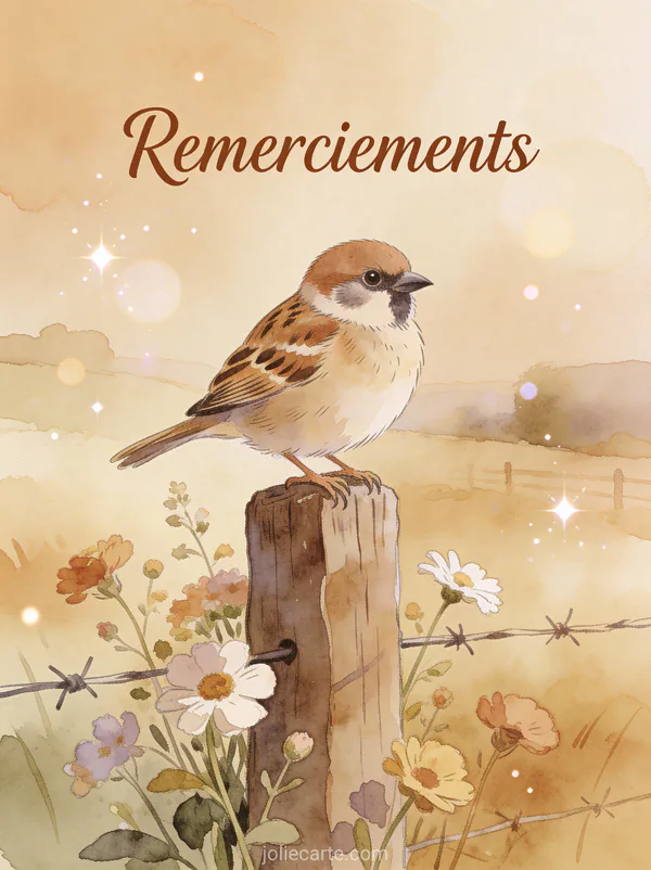 Modele carte remerciement deces illustré avec moineau sur clôture fleurs sauvages texte Remerciements