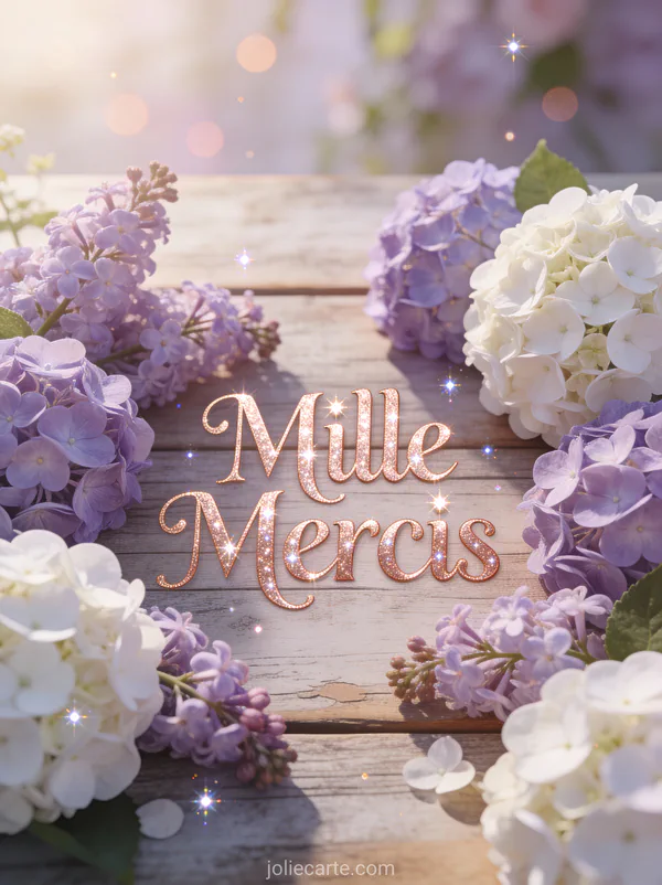 Bouquet de lavande et hortensias blancs sur fond bois vintage avec le texte Mille Mercis en lettres or rose