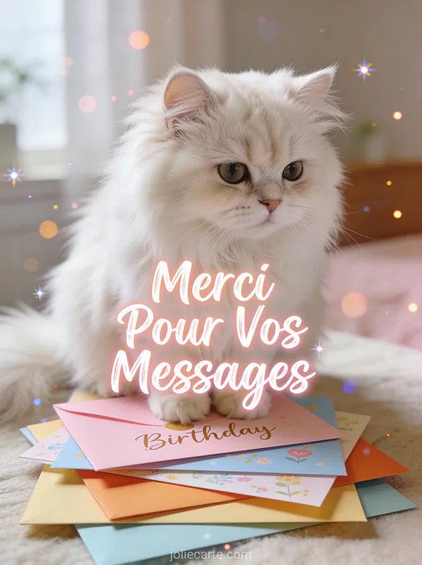 Chat persan blanc assis sur une pile de cartes d'anniversaire colorées avec le texte Merci Pour Vos Messages