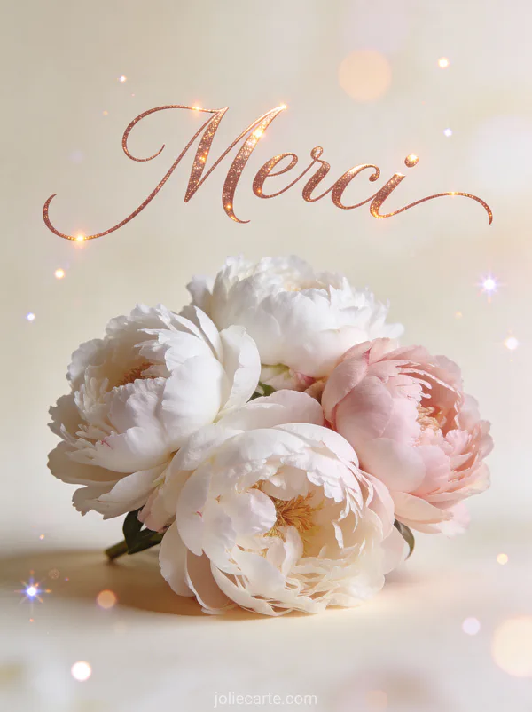 Carte de remerciement décès à personnaliser avec pivoines roses et blanches texte Merci