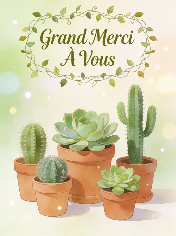 Arrangement de succulentes et cactus verts dans pots en terracotta texte Grand Merci À Vous olive botanique