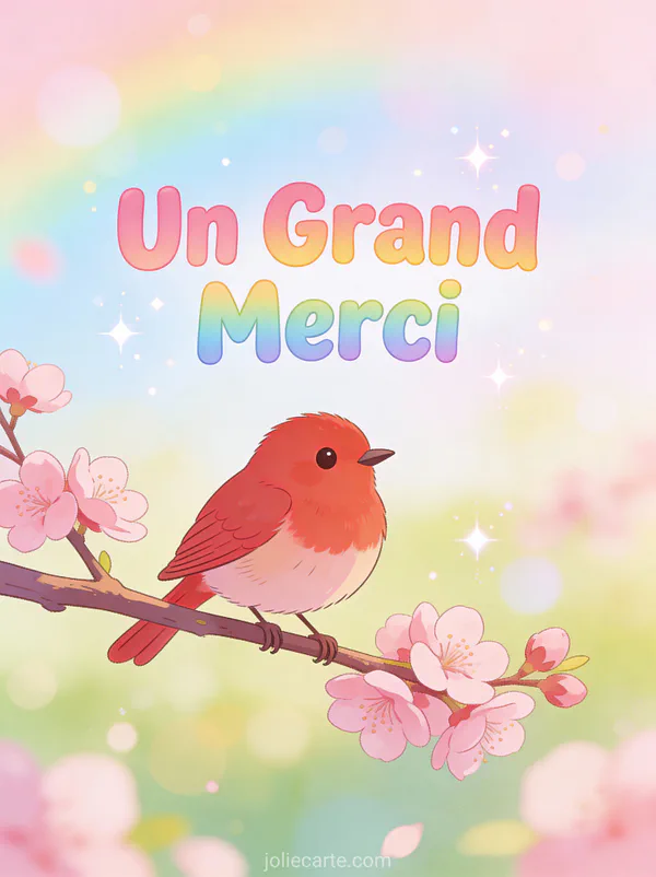Rouge-gorge sur une branche de cerisier en fleurs au printemps avec le texte Un Grand Merci