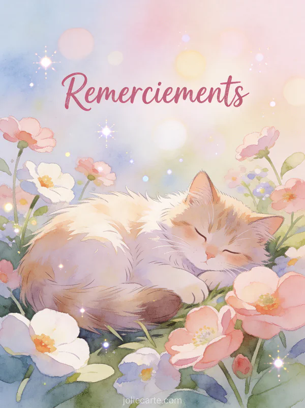 Modèle carte de remerciement décès illustré avec chat dormant parmi fleurs texte Remerciements