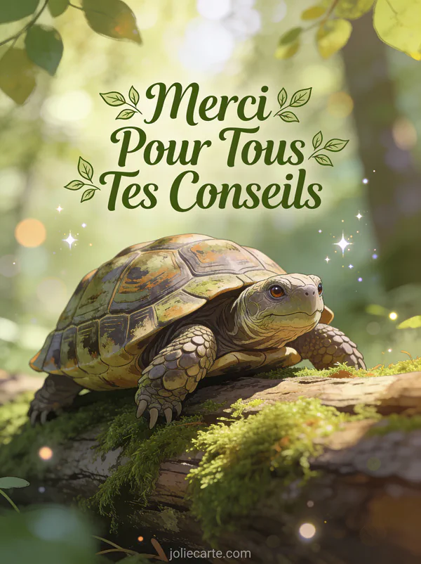 Tortue sage aux yeux bienveillants sur tronc moussu en forêt lumineuse texte Merci Pour Tous Tes Conseils vert sauge