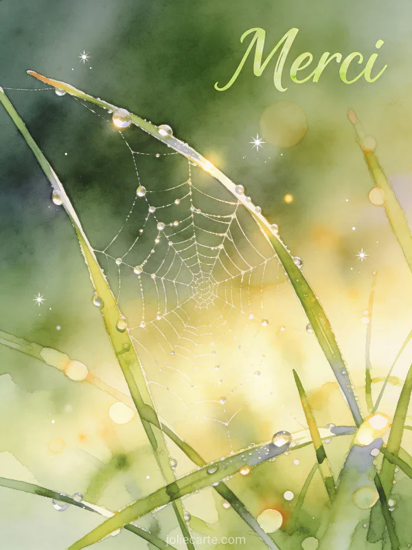 Modele carte de remerciements deces avec rosée sur toile araignée lumière matin texte Merci