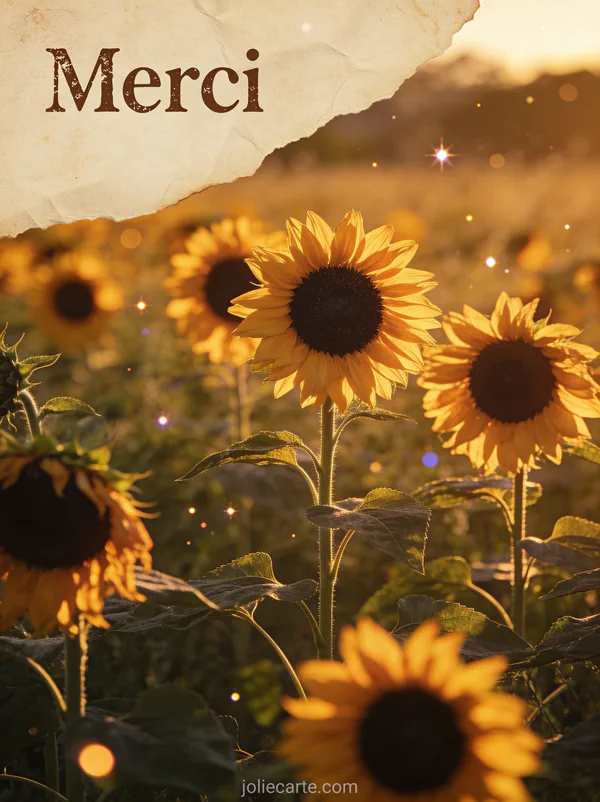 Champ de tournesols au coucher du soleil avec lumière dorée et le texte Merci en style vintage
