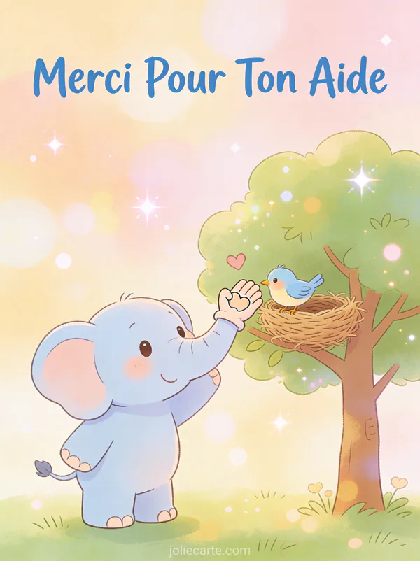 Éléphant cartoon mignon aidant un petit oiseau à retourner dans son nid texte Merci Pour Ton Aide bleu amical