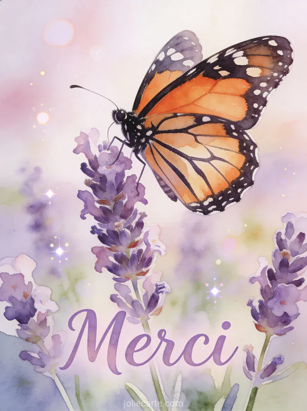 Papillon monarque posé sur des fleurs de lavande dans un jardin d'été avec le texte Merci
