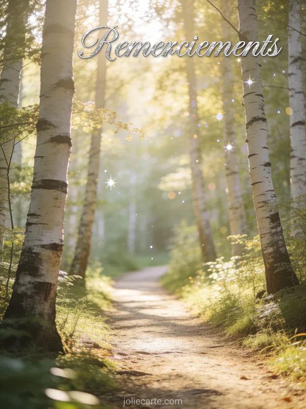 Carte de remerciement de décès avec chemin forêt de bouleaux lumière texte Remerciements