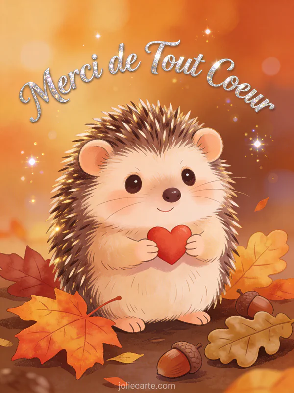 Hérisson mignon tenant un petit coeur rouge parmi les feuilles d'automne avec le texte Merci de Tout Coeur