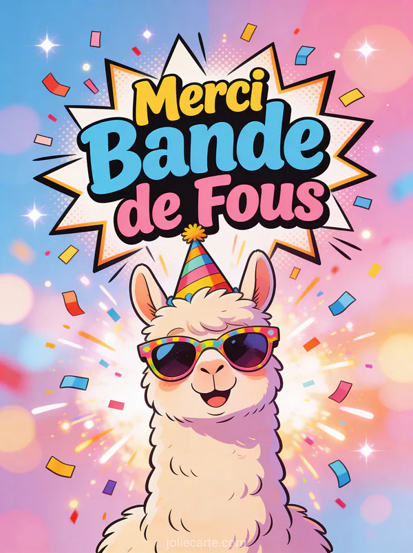 Lama cartoon avec lunettes de soleil et chapeau de fête dans une explosion de confettis avec le texte Merci Bande de Fous